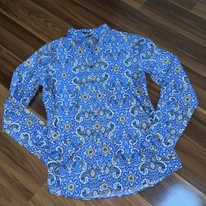 Size 2 Lands end no iron 100% supima cotton blue patterned shirt top button down